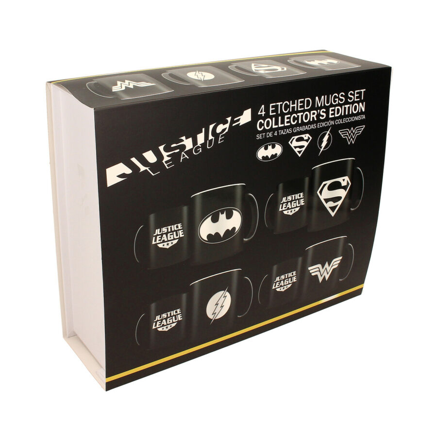 LOGOS JLA B/N SET 4 TAZAS GRABADO LASER CERAMICA UNIVERSO DC