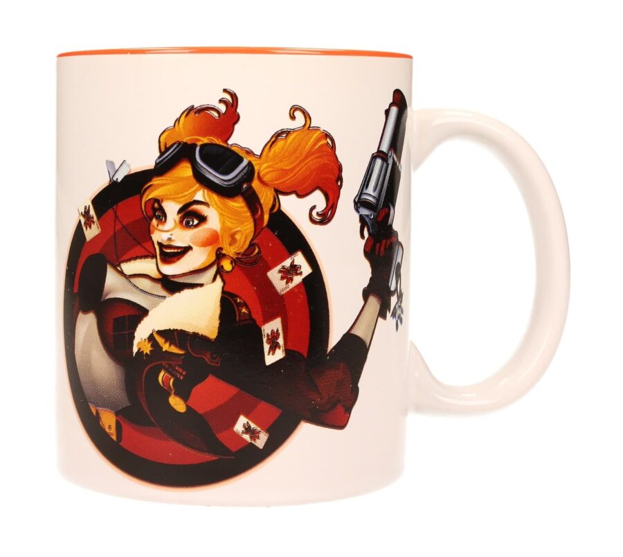 HARLEY QUINN PISTOLA TAZA BLANCA-NARANJA CERAMICA UNIVERSO DC